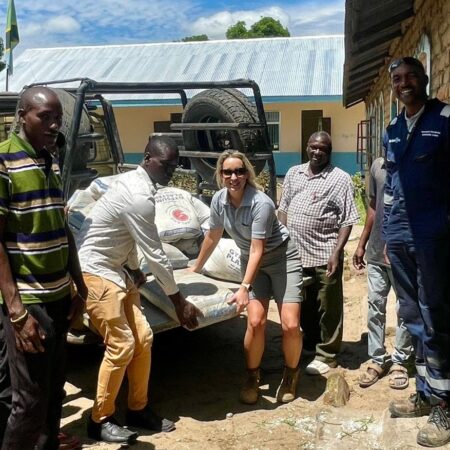 24.01.24 – Our CEO Lorna Blaisse donating building supplies to community members for upgrade work to Mkonko village dispensary